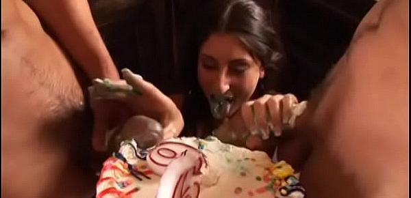  Two playful studs in leather masks poked cute latin beauty with small tit Luscious Lopez from both sides after he had sucked their dulcified with birthday cake big dongs